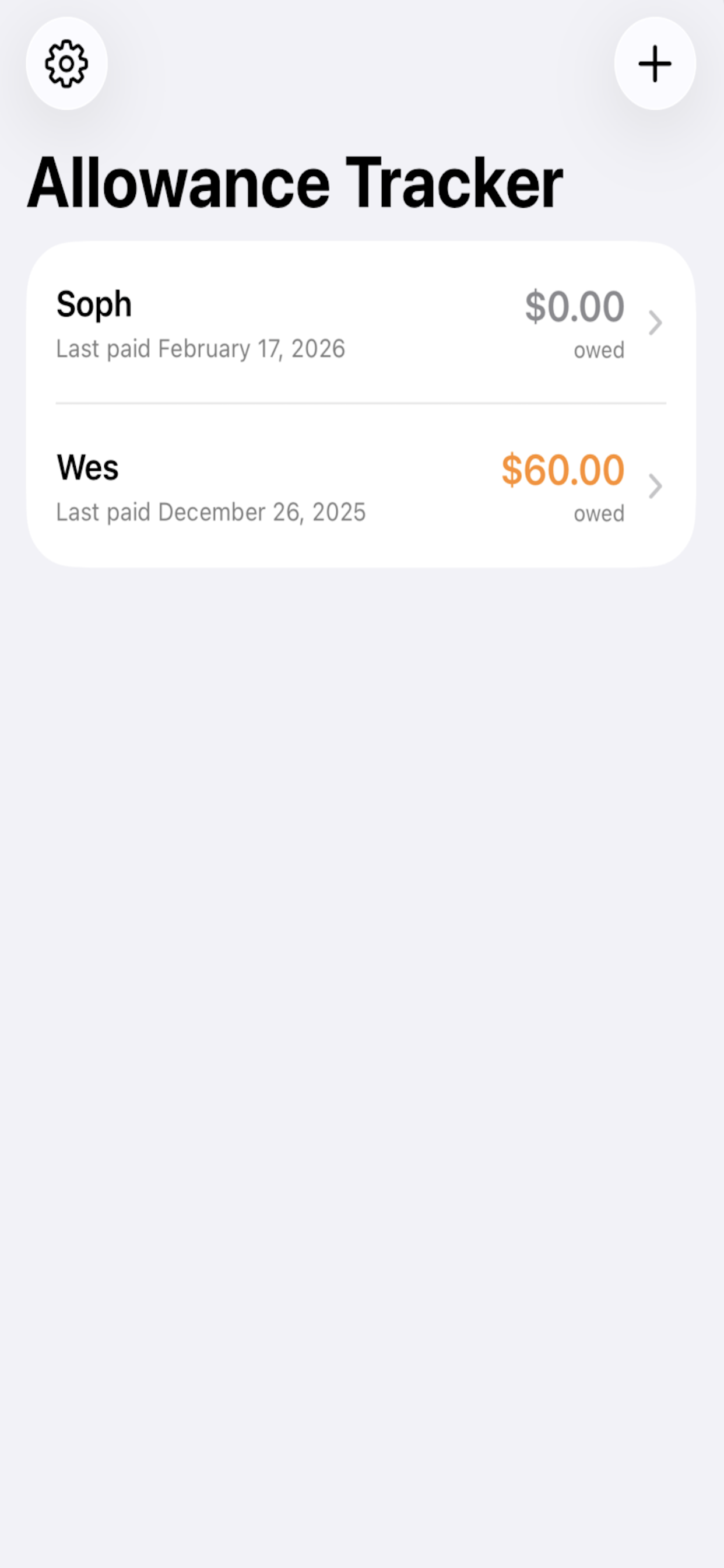 Allowance tracker main screen
