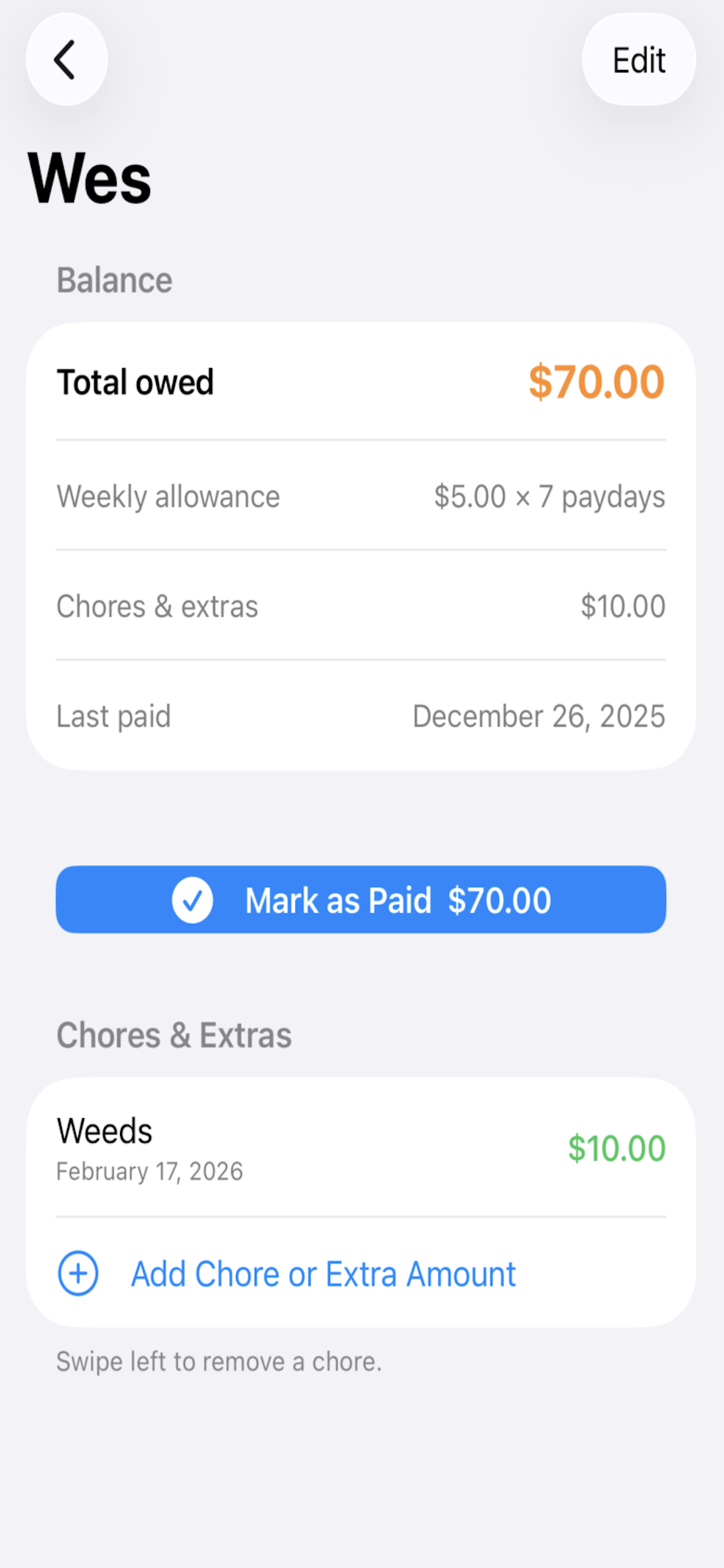 Child detail with balance breakdown